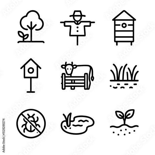 Wildlife-Friendly Agriculture Icons. Outline icon set of wildlife-friendly agriculture: agroforestry tree, scarecrow, bee hive,