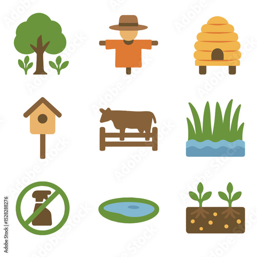 Wildlife-Friendly Agriculture Icons. Flat icon set of wildlife-friendly agriculture: agroforestry tree, scarecrow, bee hive,