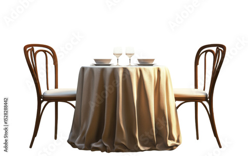 Table with two chairs and a tablecloth