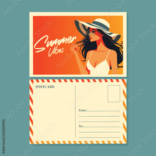 summer postcard with brunette girl in white top and hat flat vector illustration.