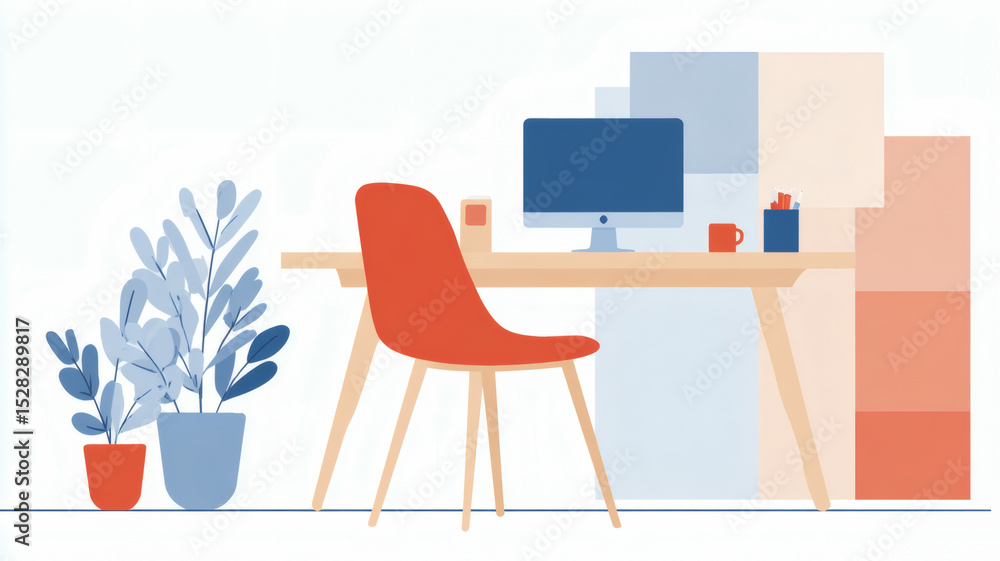 Fototapeta premium Modern Home Office Workspace with Plants and Computer Desk Setup