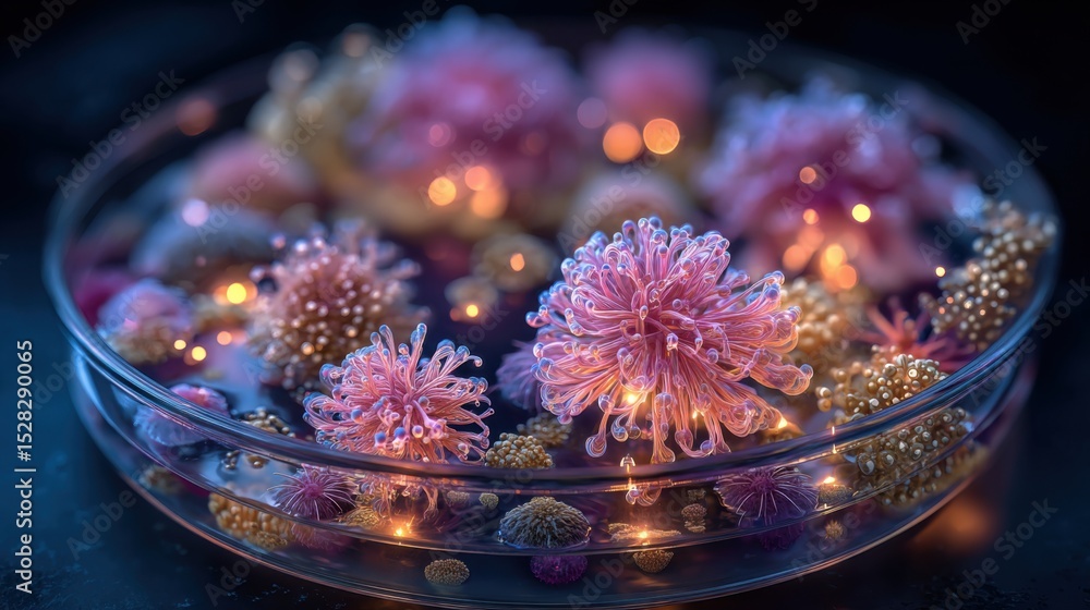 Vibrant and intricate bioluminescent organisms are suspended in a shallow dish, illuminated by soft lights, creating a magical underwater landscape in a dimly lit environment. Vibrant and intricate bioluminescent organisms are suspended in a shallow dish, illuminated by soft lights, creating a magical underwater landscape in a dimly lit environment.
