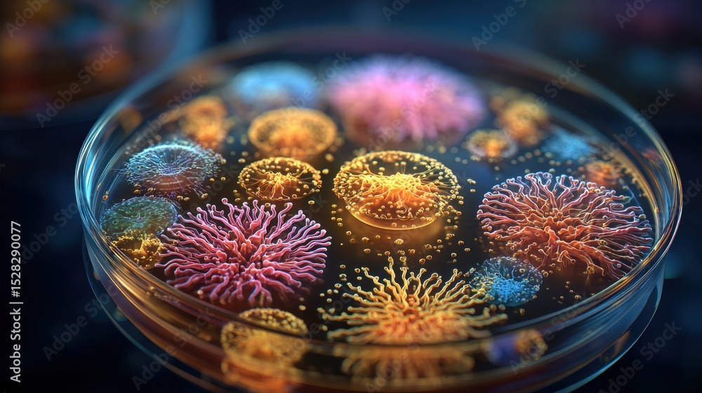 Microorganisms displayed in a petri dish showcase vibrant colors and intricate shapes, illuminated by subtle laboratory lighting, highlighting the diversity of microbial life. Microorganisms displayed in a petri dish showcase vibrant colors and intricate shapes, illuminated by subtle laboratory lighting, highlighting the diversity of microbial life.