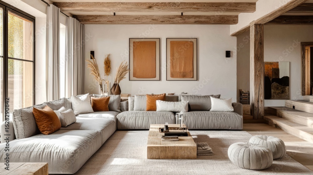 Fototapeta premium Modern Rustic Living Room Design L-Shaped Sofa, Earthy Tones, Wooden Beams, Interior Design, Home Decor. Rustic, Modern