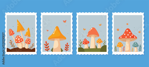 set of postal stamps with different mushrooms flat vector illustration.