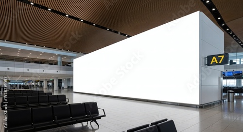 Fototapeta Naklejka Na Ścianę i Meble -   Blank wall mockup in modern airport terminal interior with clean seating layout and bright space for creative poster or display concept template. 3D Rendering 