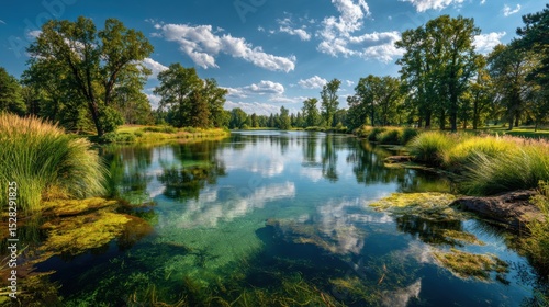 A peaceful lake reflects the blue sky and white clouds. Surrounding trees and grasses create a lush environment, inviting visitors to relax and enjoy nature's beauty.