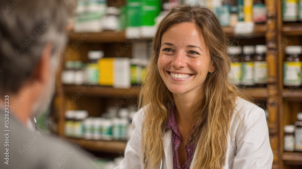 A health professional smiles while consulting with a patient in a wellness store filled with herbal products and supplements. The interaction reflects a supportive atmosphere. A health professional smiles while consulting with a patient in a wellness store filled with herbal products and supplements. The interaction reflects a supportive atmosphere.
