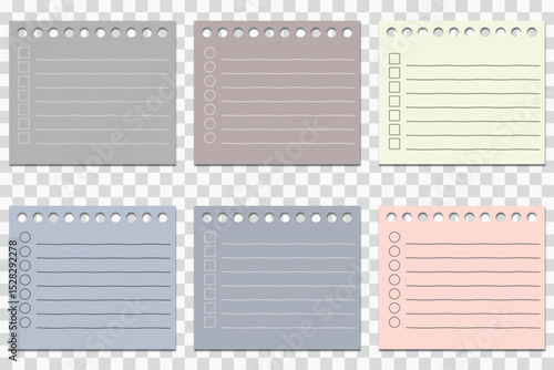 Realistic planner on transparent background. Vector sticker. Set of sheets of paper for notes of different colors.