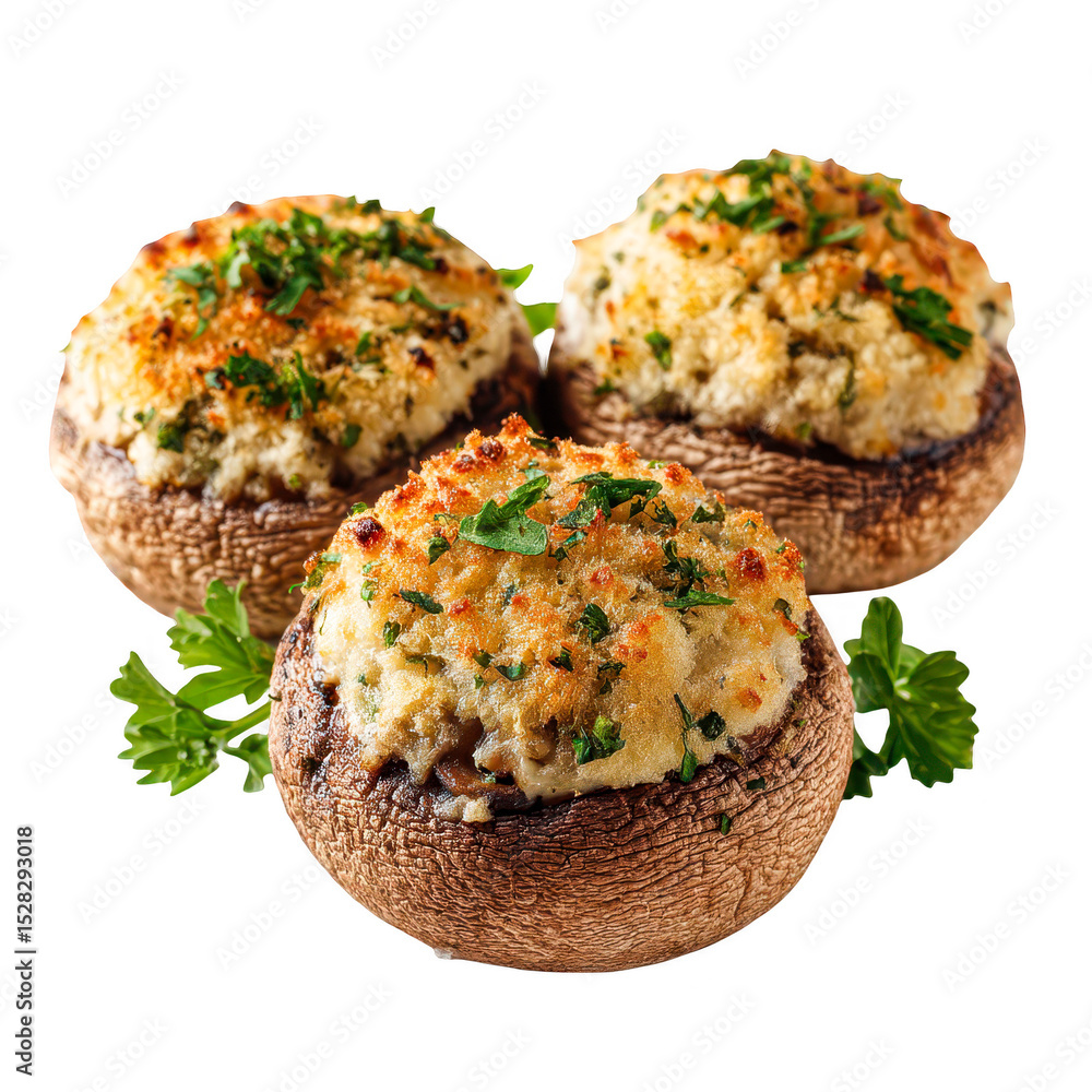 Fototapeta premium Baked Stuffed Mushrooms Appetizer Recipe Delicious Food, isolated on transparent background, perfect cutout, PNG