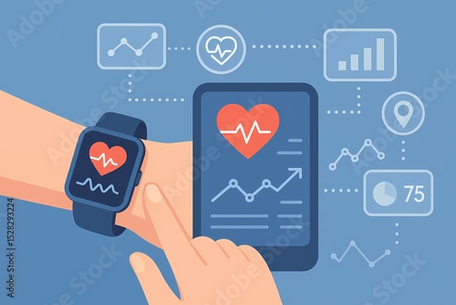 Smartwatch connected to health analytics and IoT dashboard, AI generated