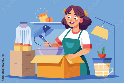 A woman in an apron unpacks a box with a new mixer - delivery of equipment with emotion.