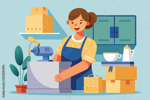 A woman in an apron unpacks a box with a new mixer - delivery of equipment with emotion.