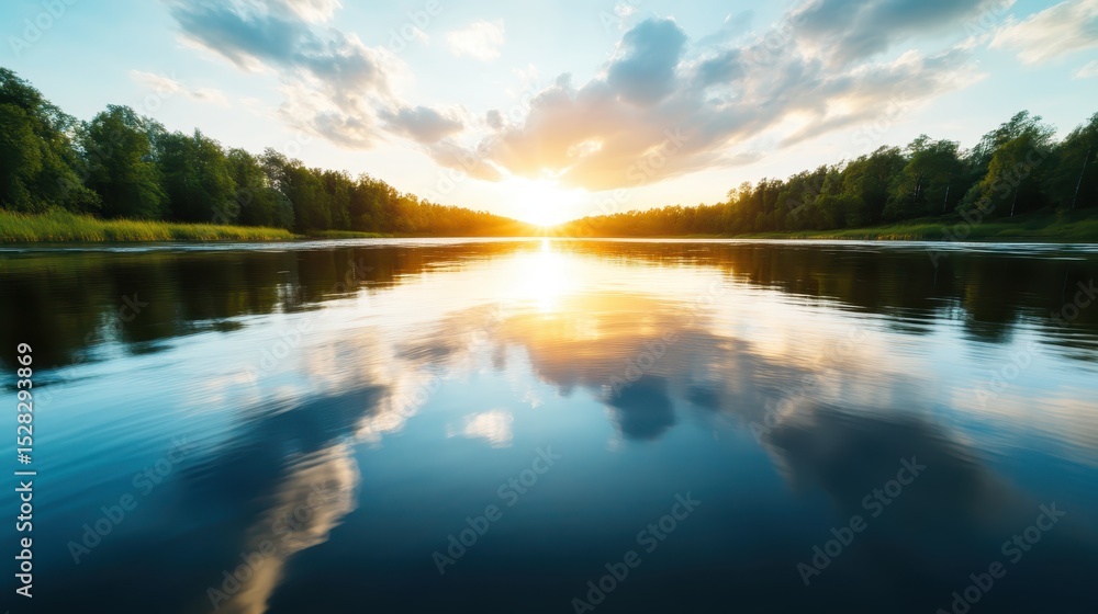 Fototapeta premium A picturesque river scene during sunset, with vibrant colors reflecting off calm waters, framed by lush greenery and enchanting clouds in a serene natural setting.