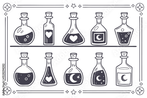 Twelve Unique Potion Bottles Arranged in a Grid Vector Illustration for Fantasy Gaming or Halloween Designs