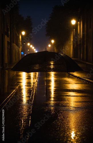 Lonely Umbrella on Rainy Night Street