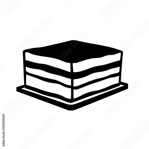 Minimalist black silhouette of tiramisu with distinct layers on a white background
