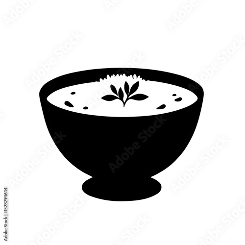 Minimalist black silhouette of mulligatawny soup bowl with curry broth and rice