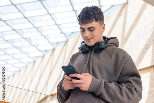 Young man using smartphone with headphones around neck in modern glass building, teenager texting on mobile phone in contemporary architecture setting with natural light. Copyspace. 