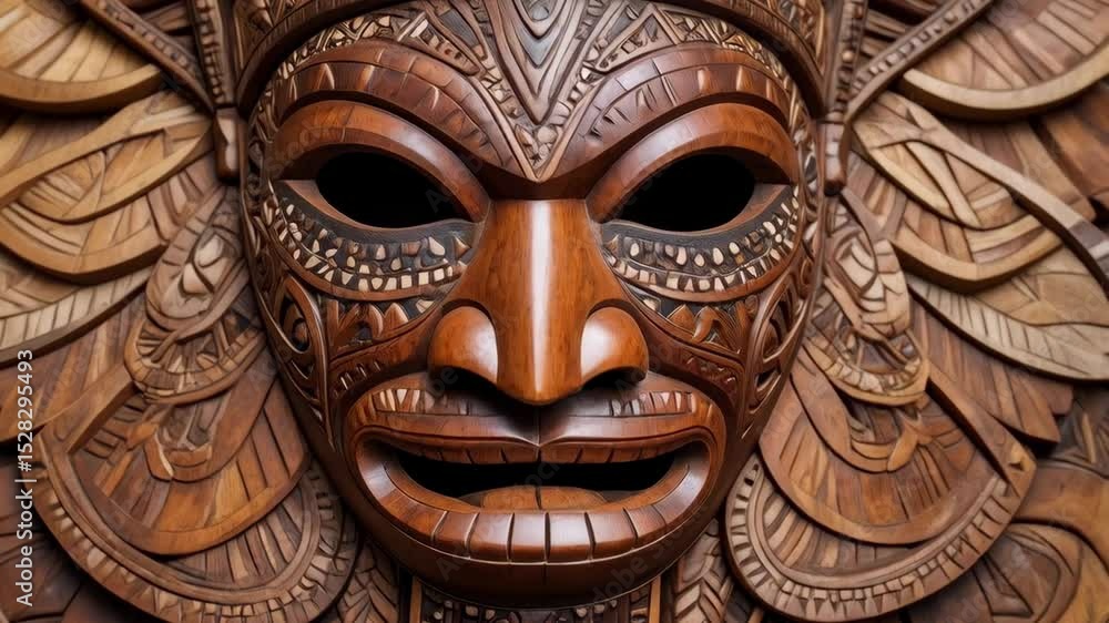 Detailed wood carved mask with geometric patterns and textures, traditional headwear and hollowed eyes, culture and craftsmanship concept. Detailed wood carved mask with geometric patterns and textures, traditional headwear and hollowed eyes, culture and craftsmanship concept.