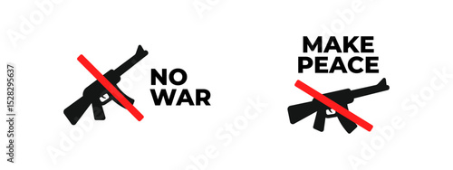 No war and peace signs with crossed rifles and message design. Anti violence illustrations in symbolic vector style