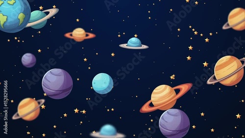 Colorful Cartoon Space Scene with Planets, Stars, and Cosmic Elements  Animated Background Loop,Cartoon planets and stars in a vibrant outer space illustration. Solar system, cosmic background, astron