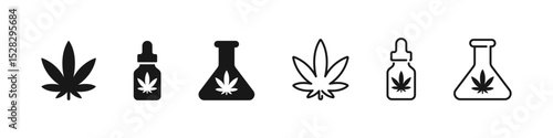 Cannabis leaf icons in flat and outline vector set. Marijuana plant symbols for medical or lifestyle design