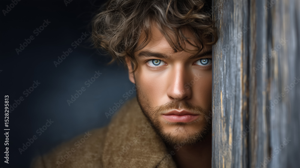 Man with fearful wide eyes peeks from behind cracked door, only half of face visible. Dark interior creates palpable tension. Concept of emotional storytelling, theater, photography Man with fearful wide eyes peeks from behind cracked door, only half of face visible. Dark interior creates palpable tension. Concept of emotional storytelling, theater, photography