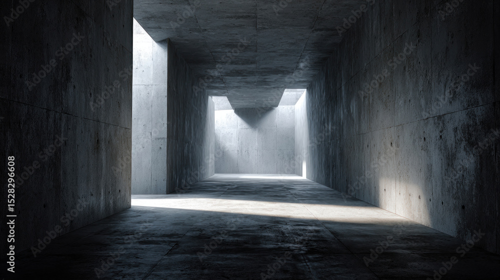 Fototapeta premium Futuristic abstract corridor with unfinished concrete walls, ambient light creating geometric shadows, gritty industrial texture on floor, empty moody interior scene