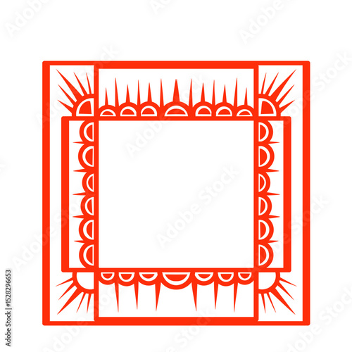 Geometric red ornamented frame with symmetrical design against black backdrop