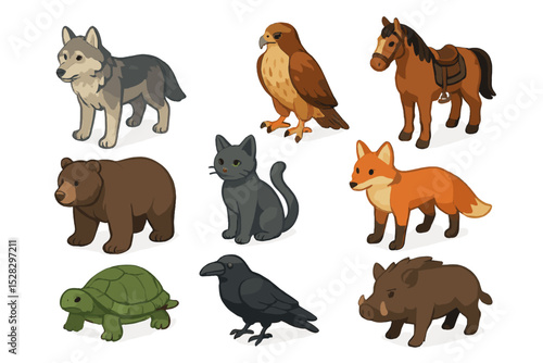 Animal Companion Icons. Isometric Flat icon set of animal companions: wolf tracker, hawk scout, horse mount, bear guardian, cat