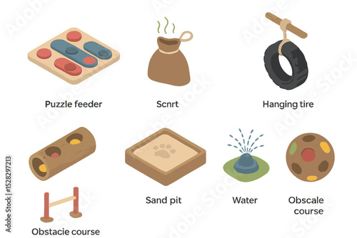 Animal Enrichment Icons. Isometric Flat icon set of animal enrichment activities: puzzle feeder, scent enrichment pouch, hanging