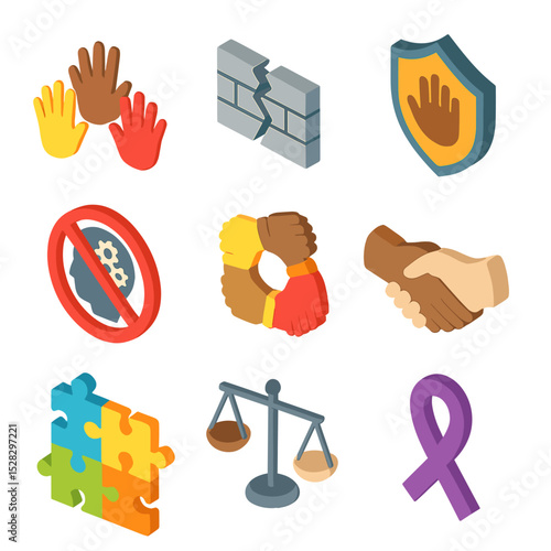 Anti-Discrimination Icon Set. Isometric Flat icon set of Anti-discrimination efforts: diverse handprints, broken barrier, shield