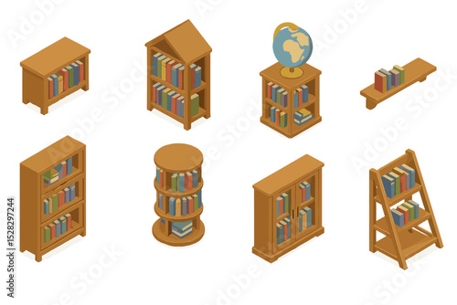 Antique Bookshelf Icon Set. Isometric Flat icon set of antique bookshelf designs: dwarf bookcase, canopy bookshelf, globe