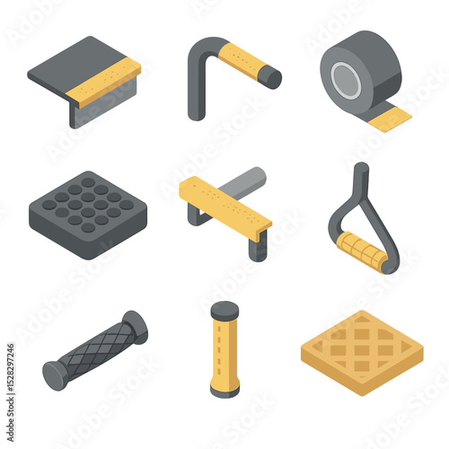 Anti-Slip Grip Icons. Isometric Flat icon set of safety anti-slip grips: stair tread nosing, handrail wrap, anti-skid tape, rubber