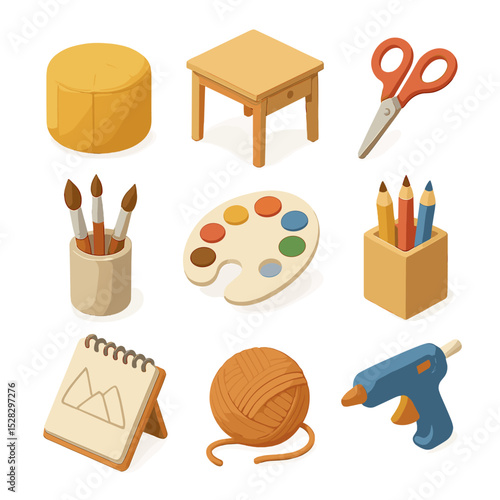 Arts & Crafts Icons. Isometric Flat icon set of Arts & crafts corner: pouf stool, craft table, scissors, paintbrushes, color