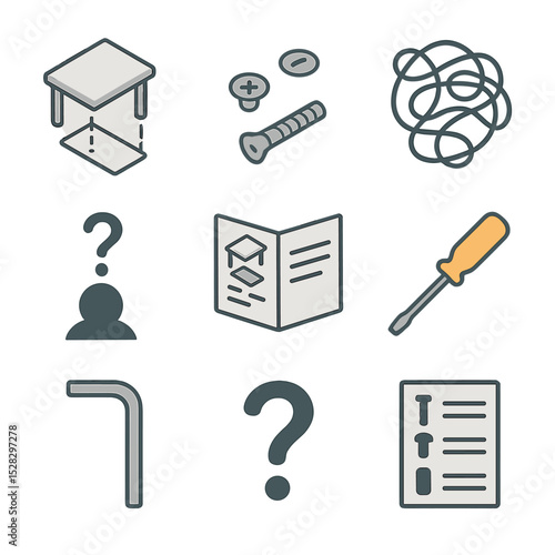 Assembly Instructions Icons. Isometric Flat icon set of assembly instructions frustration: exploded diagram, missing screw,
