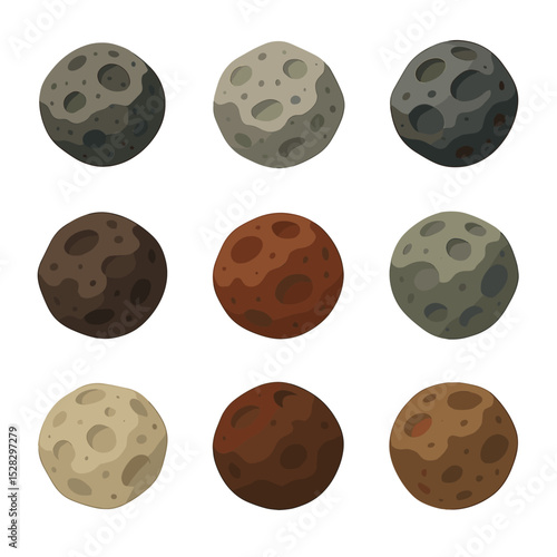Asteroid Classification Icons. Isometric Flat icon set of asteroid classification types: C-type carbonaceous, S-type silicate,