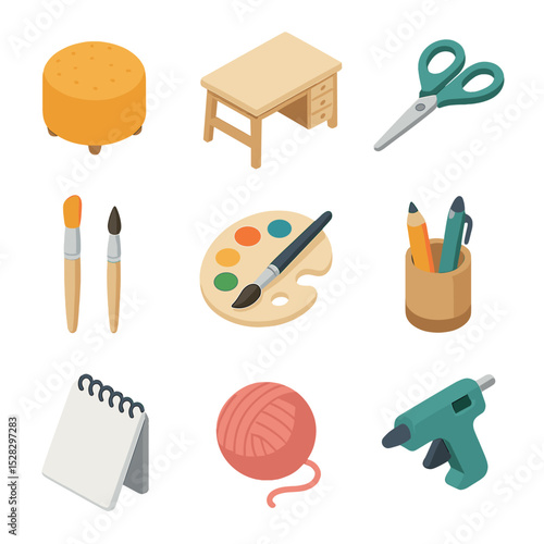 Arts & Crafts Icons. Isometric Flat icon set of Arts & crafts corner: pouf stool, craft table, scissors, paintbrushes, color