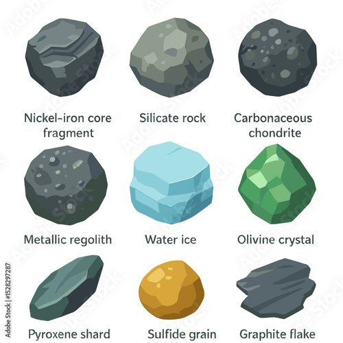 Asteroid Material Icons. Isometric Flat icon set of asteroid composition materials: nickel-iron core fragment, silicate rock,