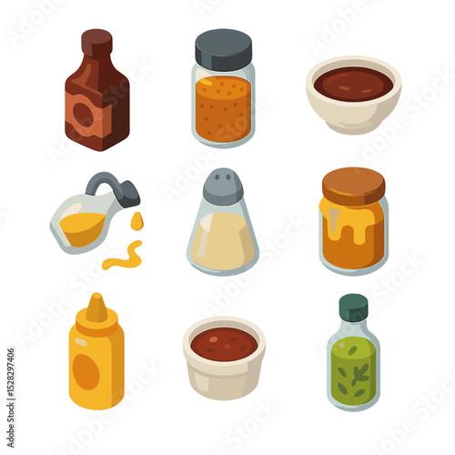 Barbecue Sauce Icons. Isometric Flat icon set of barbecue sauces and marinades: barbecue sauce bottle, dry rub jar, marinade bowl,