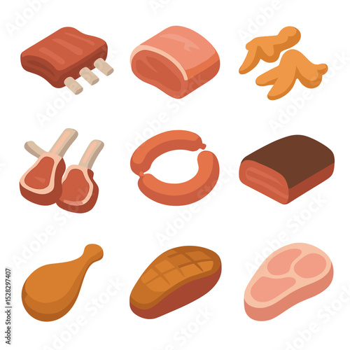 Barbecue Meat Icons. Isometric Flat icon set of barbecue meats selection: beef ribs, pork shoulder, chicken wings, lamb chops,