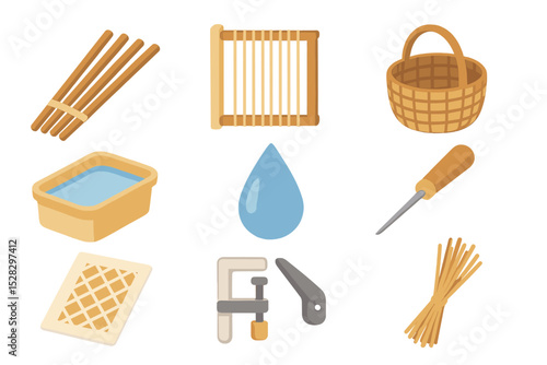 Basket Weaving Icons. Isometric Flat icon set of basket weaving crafts: willow rods, weaving frame, woven basket, soaking tub,
