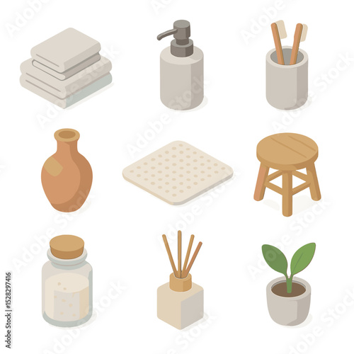 Isometric Bath Accessories. Isometric Flat icon set of accessories and décor: minimal towel set, soap dispenser, toothbrush holder