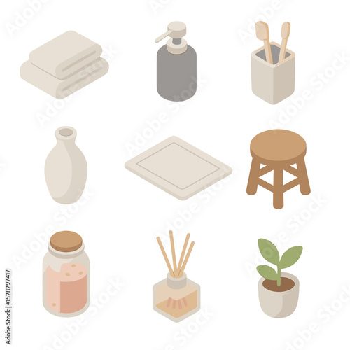 Isometric Bath Accessories. Isometric Flat icon set of accessories and décor: minimal towel set, soap dispenser, toothbrush holder
