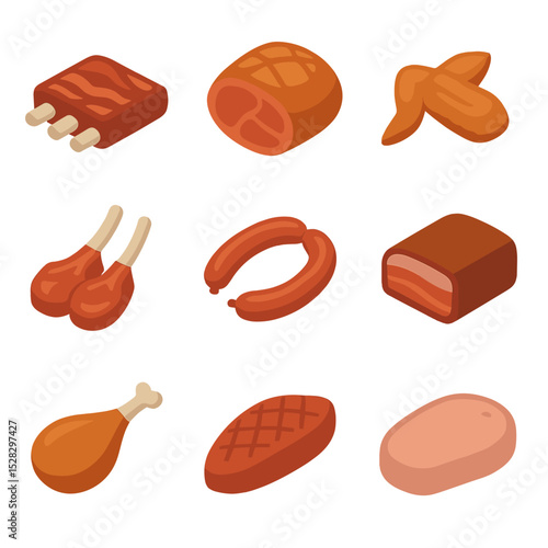 Barbecue Meat Icons. Isometric Flat icon set of barbecue meats selection: beef ribs, pork shoulder, chicken wings, lamb chops,