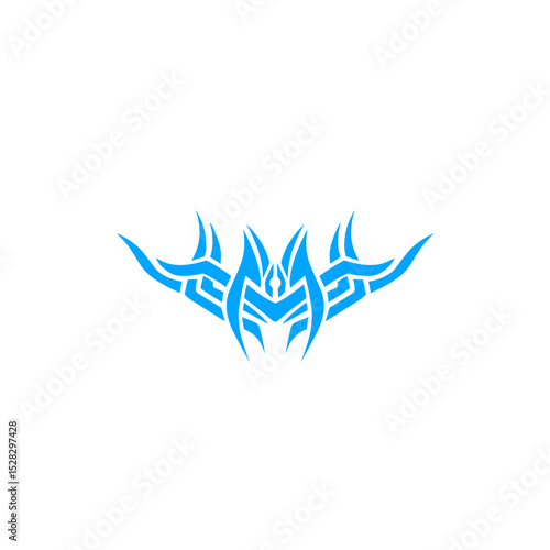 Abstract azure symmetrical emblem evoking tribal adornment on deep backdrop