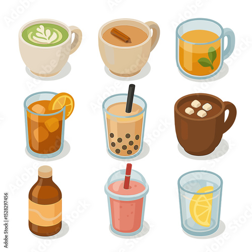 Isometric Beverage Icons. Isometric Flat icon set of Tea and Alternative Beverages: matcha latte, chai tea, herbal infusion, iced