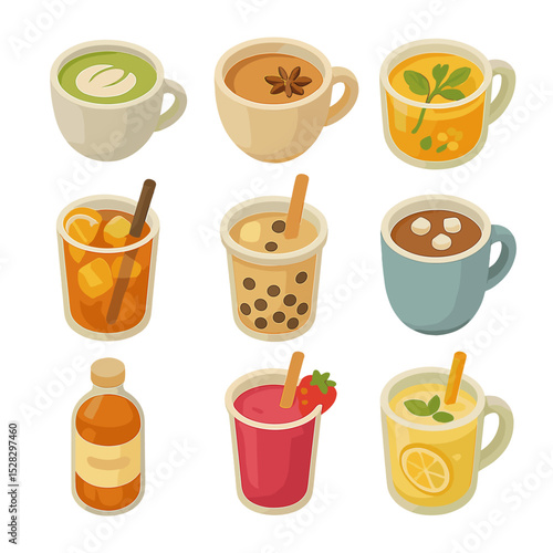 Isometric Beverage Icons. Isometric Flat icon set of Tea and Alternative Beverages: matcha latte, chai tea, herbal infusion, iced