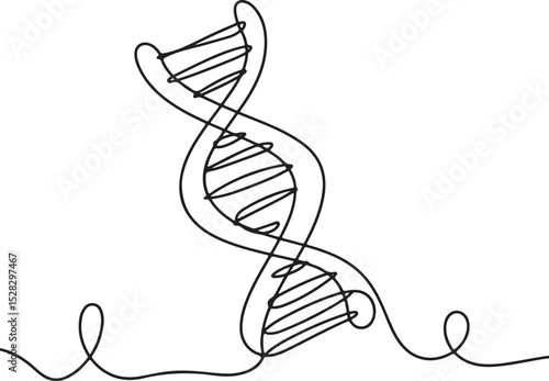 Continuous line drawing of DNA double helix, black and white minimalist scientific sketch with spiral structure and genetic details

